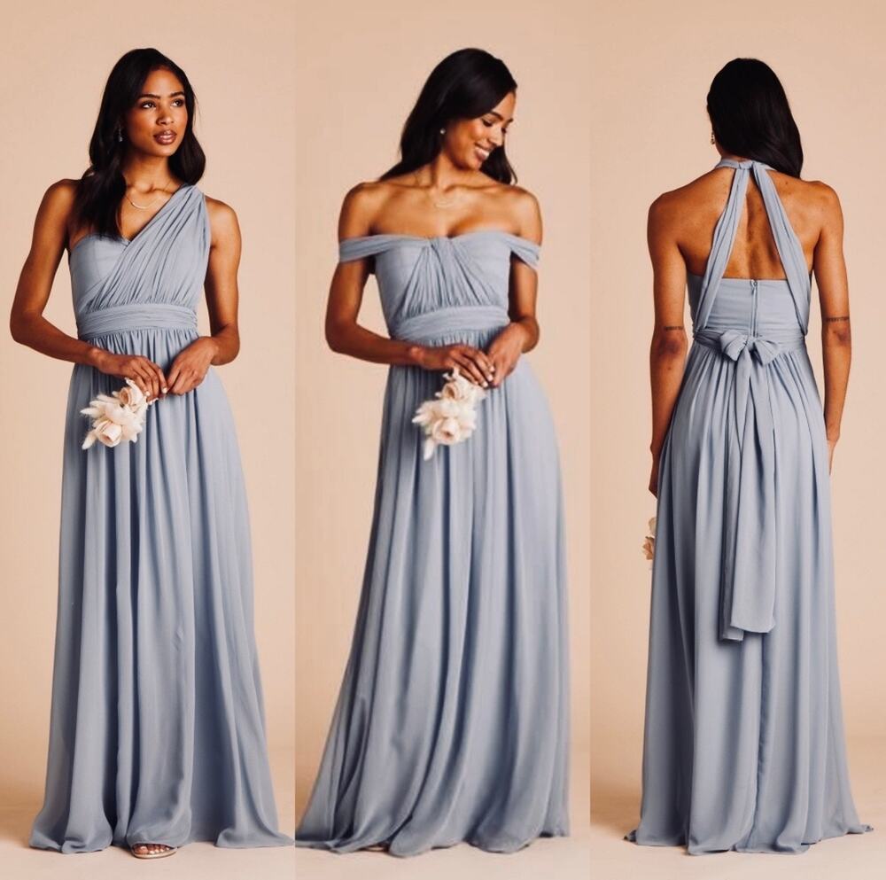 NWT Birdy Grey Grace Chiffon Convertible Maxi Bridesmaid Gown Size L Dusty Blue